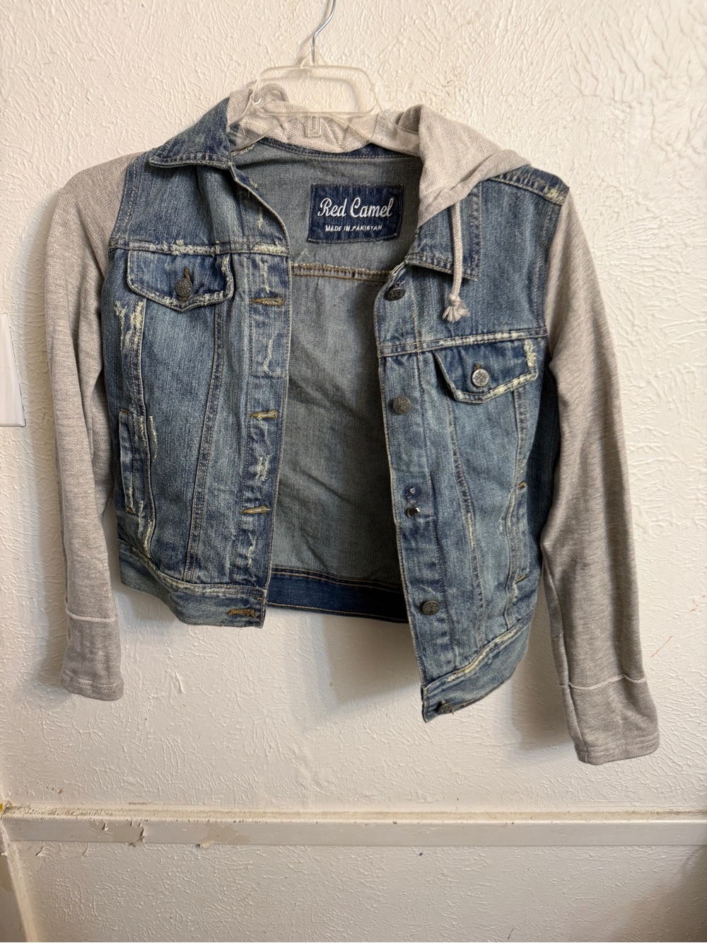 Red Camel Women's Two-Tone Denim Hooded Jacket in Light Blue and Gray